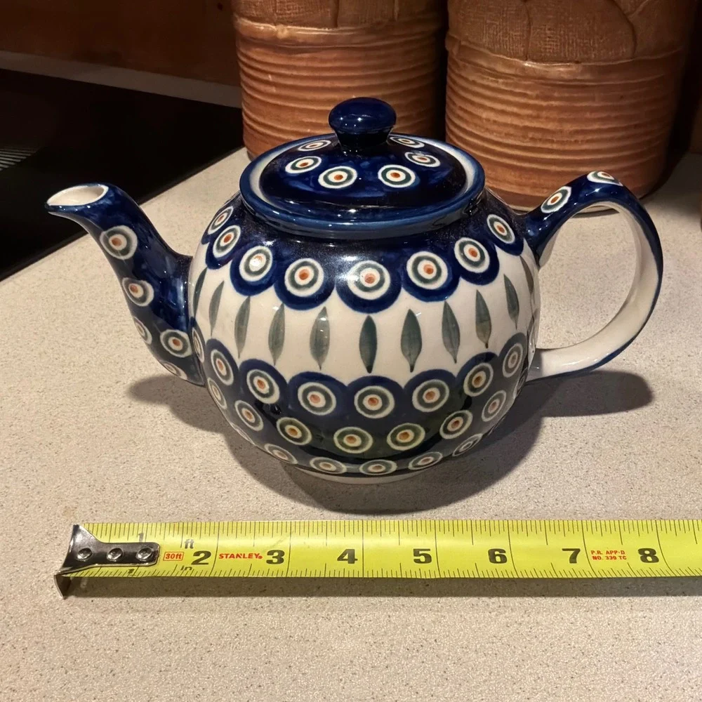 Boleslawiec Polish Pottery Teapot Peacock Eye Pattern Hand Made in Poland EUC